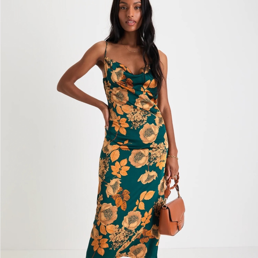 Lulu's favorite icon green floral satin cowl neck slip midi dress in Medium